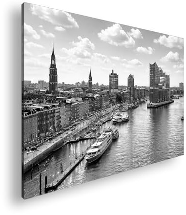 Farbenhorizont Leinwandbild Hamburger Hafen mit Elbphilharmonie und Booten unter blauem Himmel Format: 120x80cm Effekt: Schwarz&Weiß XXL Wandbild auf Keilrahmen/Kunstdruck/Bild Wohnzimmer Dekoration