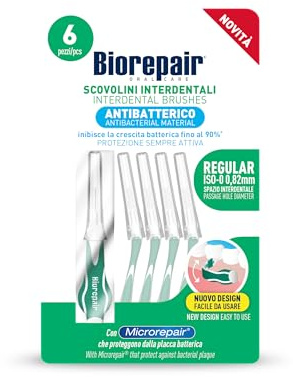 Biorepair, Scovolini Interdentali Regular, Spazio Interdentale 0,82mm, Protezione Antibatterica Sempre Attiva, Facile da Usare, Con Microrepair, SCP, 1 Confezione da 6 Pezzi