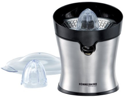 ROMMELSBACHER Zitruspresse ZP 85/E - leistungsstarker/leiser Motor, Edelstahlsieb, klappbare Auslauftülle, Nachtropfstopp, 2 Presskegel (für große und kleine Früchte), 85 Watt, Edelstahl