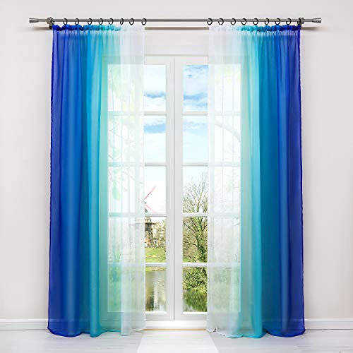 HongYa 2er-Pack Farbverlauf Gardinen Transparenter Voile Vorhänge Schals mit Kräuselband H/B 145/140 cm Blau