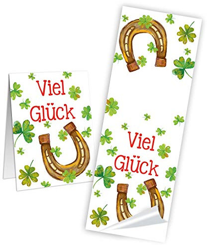 Logbuch-Verlag 25 Aufkleber VIEL GLÜCK weiß mit grünen Kleeblättern + Hufeisen Silvester Geschenkaufkleber Banderolen Verpackung