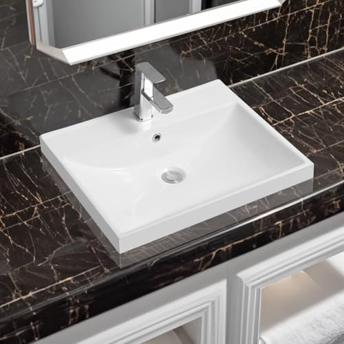 Limoge 5409 Ceramic 60.5cm Thick-Edge Inset Bathroom Basin with Scooped Full Bowl - Modern Drop-in Self-Rimming Top-Mount Rectangular Sink for Vanity or Countertop Installation
