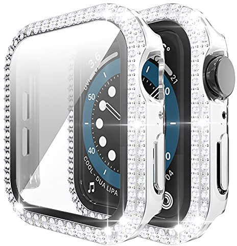Miimall Funda para Apple Watch Series 3/2/1 38mm 42mm Diamantes de Imitación Protección Completo PC Cover con Protector de Pantalla Cristal Templado Case para iWatch 42mm Blanco+ Plata