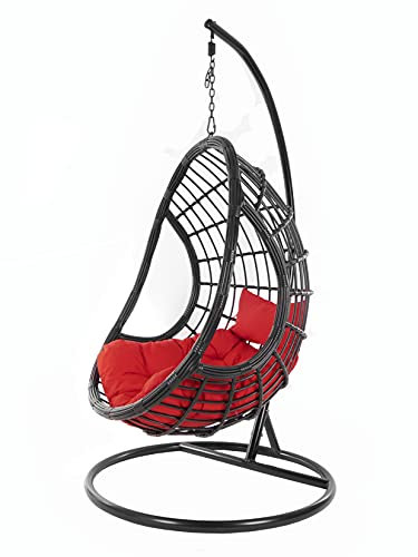 Kideo Komplettset: großer Hängesessel mit Gestell & Kissen, Schwingsessel, Korbsessel, Poly-Rattan, schwarz (Kissen: rot Chesterstepp (3050 Scarlet), Korb & Gestell: schwarz)