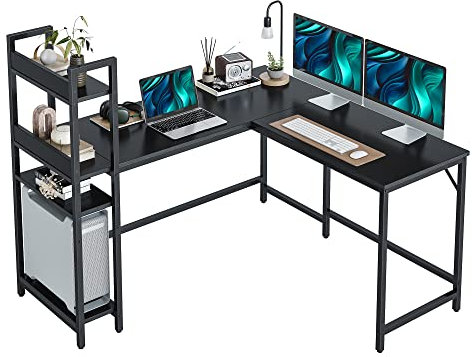 CubiCubi L Shaped Desk with Storage Shelves, 130x120x120 cm Computer Corner Desk for Home Office, Writing Gaming Study Desk Table with Bookshelf, Space Saving, Black