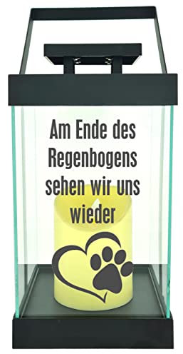Edle Glas-Laterne mit LED-Kerze, Am Ende des Regenbogens sehen wir uns wieder Tier-Pfote, Timer, 35cm hoch mit Bügel, 24,5x13x13cm, Batterie LED-Licht LED-Laterne LED-Lampe Text Spruch Trauer-Licht