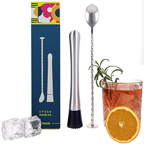 Kit Pilon Mojito Cuillere Cocktail, Pilons à Cocktails INOX, Cuillère a Mixologie Longue en Acier Inoxydable pour Faire Caipirinha et Mojitos, Accessoires de Bar Barman Professionnel