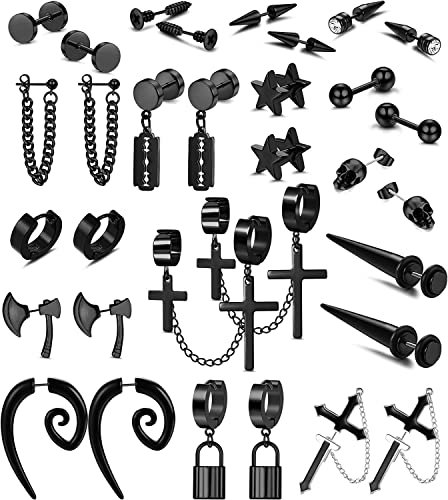 Morfetto 16 Paar Edelstahl Y2K Punk Ohrringe Schwarz für Männer Frauen Herren Ohrringe Schädel Coole Emo Goth Ketten Schmuck Piercing Baumeln Creolen Ohrstecker Set