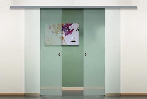 Porta scorrevole doppia anta in vetro a due ante contrapposte con maniglietta inox (70+70 x 215 cm) (VETRO SATINATO)
