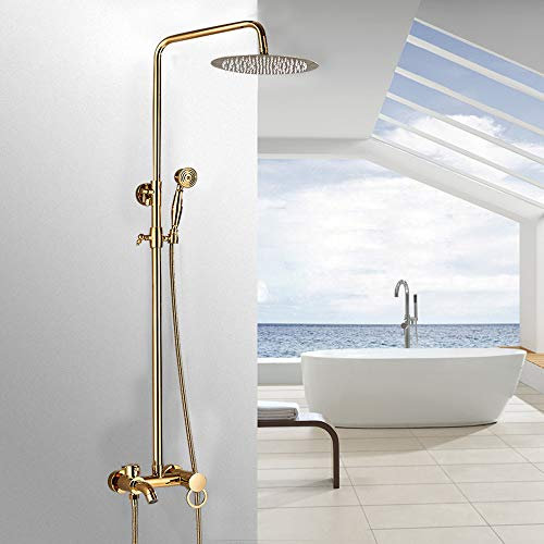 Duschsystem Antik Messing Duscharmatur Set Retro Gold Dusche mit Regendusche Retro Duschset Regendusche Duschsystem mit 8 Regendusche Handbrause Kopf - Höhenverstellbar 80-120cm