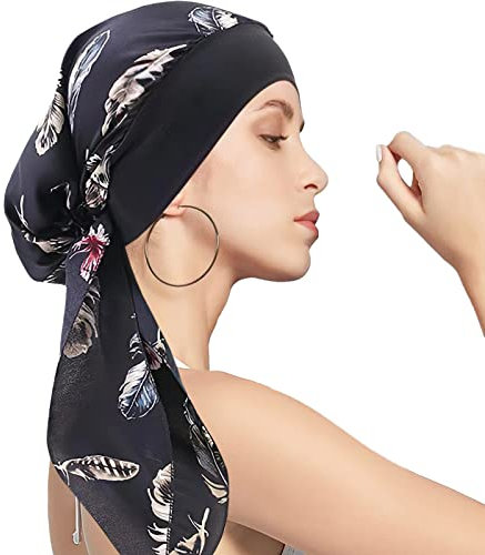 Kopftuch für Frauen Kopfbedeckung Damen Chemo Kopfbedeckung Im Voraus Gebunden Set Plissiert Headwrap Schals Gap Mütze Damen -Schwarz Feder