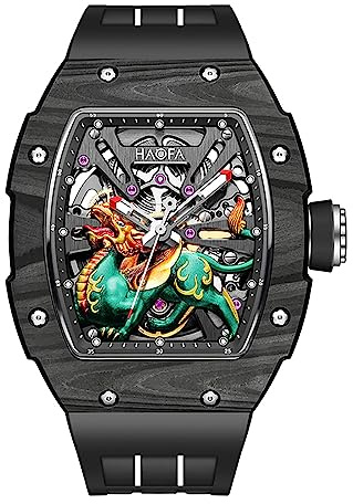 aofa Automatische mechanische 3D geschnitzte Biest Zifferblatt Sapphire wasserdichte leuchtende Luxus Skelett Herren Uhr mit 80H Power Reserve - Schwarz