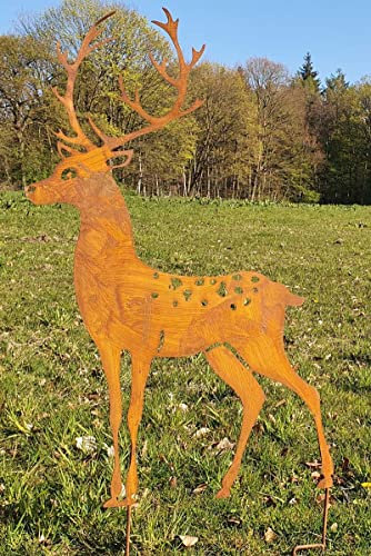 KUHEIGA Gartenstecker Hirsch Tier Metall Rost Höhe: 100cm Gartenfigur Gartendeko