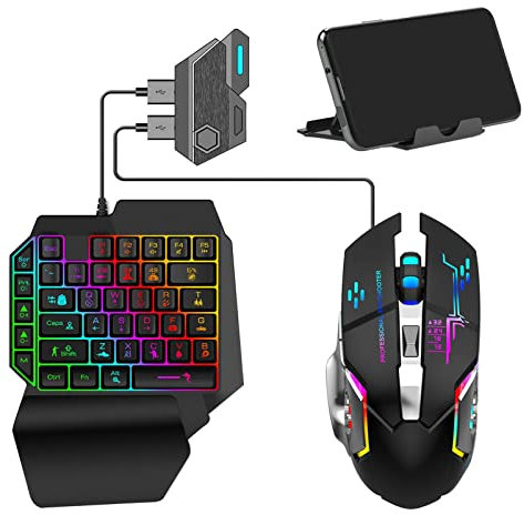 SENRN RGB Gaming Keyboard and Mouse Combo Combo USB Wired One Hand Backlit Gaming Keyboard Set with Mouse, Keyboard, Converter Adapter, Phone Holder and Type C Cable