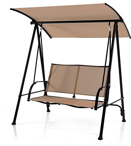 COSTWAY 2 Seater Garden Swing Chair, Powder Coated Metal Frame Rocking Hammock Bench with Adjustable Canopy, Outdoor Patio Yard Poolside Swing Lounger Seat (163 x 134 x 170cm, Beige)