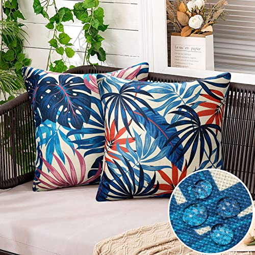 2 Stück kissenbezüge 45x45cm Sommer Draußen Wasserdicht Leinen Kissenbezug Tropisch Pflanze Blätter Outdoor Sommer Dekorative Kissenhülle für Sofa Autos Balkon Terrasse Patio Garten Dekor