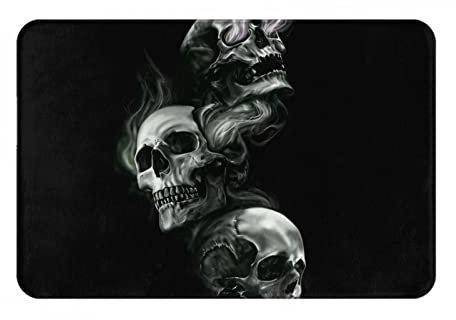 OPSREY Schwarzer und weißer Totenkopf-bedruckter Eingangsteppich, dekorative Fußmatte, waschbarer Teppich