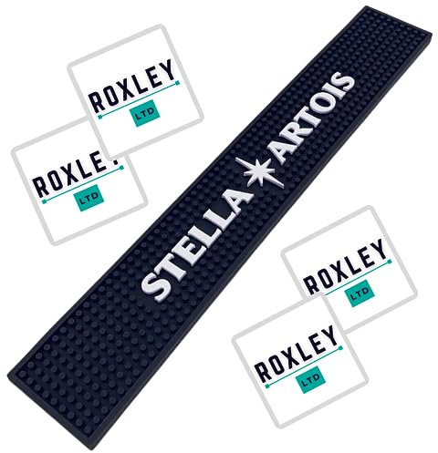 Roxley Stella Artois Chemin de bar en caoutchouc | Bière Lager | Man Cave | Fabriqué au Royaume-Uni également livré avec 4 sous-verres