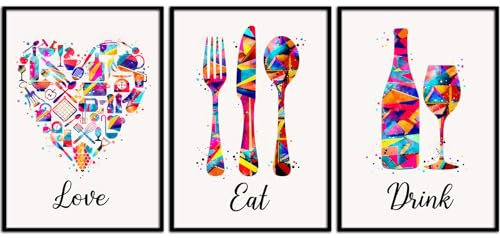 Set of 3 Colorful Kitchen Canvas Wall Art Funny Dining Room Art Picture Knives Forks Wine Glasses Painting Print Home Art Posters Unframed(Colorful 12x16 inches x3 Pieces Unframed)