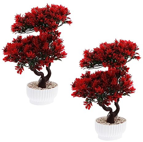 Warmhm Künstlicher Gästebegrüßungs Kiefernbonsai im Topf, 2 Stück Rot