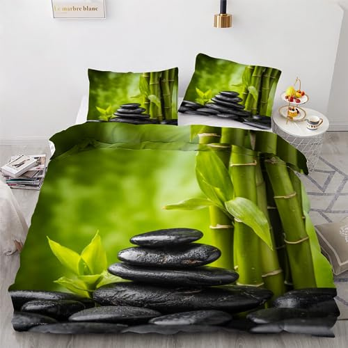 ROUSKI Bettwäsche Zen 135x200 cm 4teilig 100% Mikrofaser Kinderbettwäsche Stein Bambus Wendebettwäsche mit Reißverschluss 3D Motiv Zimmer Dekor Bettwäsche-Sets mit 2 Kissenbezüge 80x80