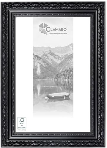 CLAMARO 'OTTO' Bilderrahmen Antik 43x60 Massivholz | Schwarz matt | 80 mm breite Shabby Chic Vintage Barock Leiste | Holzrahmen inkl. Acrylglas, Rückwand, Metall Aufhänger