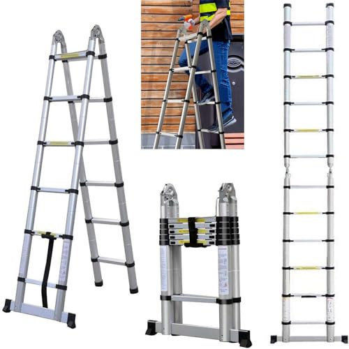 5m Teleskopleiter mit Stabilisator, Teleskop Klappleiter Stehleiter Mehrzweckleiter 2,5m+2,5m A-Rahmen Ausziehleiter Ausziehbare Leiter Haushaltsleiter Multifunktionsleiter, Max Belastung 150kg/330lbs