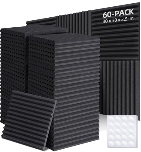 Ohuhu Akustikschaumstoff Akustikpaneele 60 Stück mit Aufkleber, 30 x 30 x 2,5 cm, Schalldämmung Wand Schallabsorber Akustikschaumplatten Schallschutz für Tonstudio Podcasts Gaming Deko, Schwarz