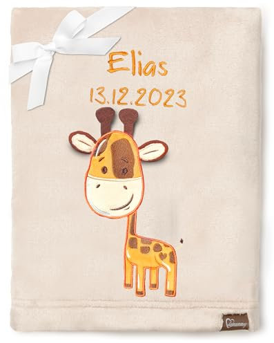 Be Mammy Personalisierte Babydecke mit 3D Applikation Warme Kuscheldecke mit Namen und Geburtsdatum; Perfektes Baby Geschenk; Blanket; Krabbeldecke BE20-280 (Beige - Giraffen)
