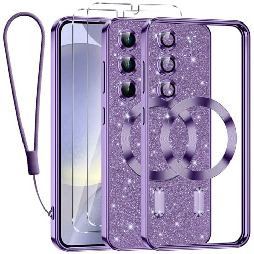 Kokio Funda Glitter Magnética para Samsung Galaxy S24 Plus 5G con Cuerda [Compatible con MagSafe] Brillante Funda para Samsung S24 Plus 5G con 2 Piezas Cristal Templado Anti-Choque Carcasa, Morado