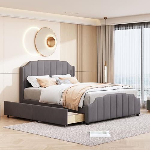 MQGPM Polsterbett mit Stauraum 140x200cm, Bett mit Lattenrost und 2 Schubladen, Doppelbett, Stauraumbett mit Kopfteil und Fußteil, Samtgepolstertes, Ohne Matratze, Grau