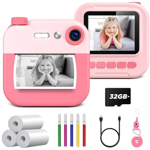 GREENKINDER Sofortbildkamera Kinder, 2,4 Zoll Bildschirm Kinderkamera mit 32G Karte & Druckpapier & Farbige Stifte, Kamera Sofortbilder Schwarzweiß Fotokamera, Geschenk für Kinder 3-12 Jahre