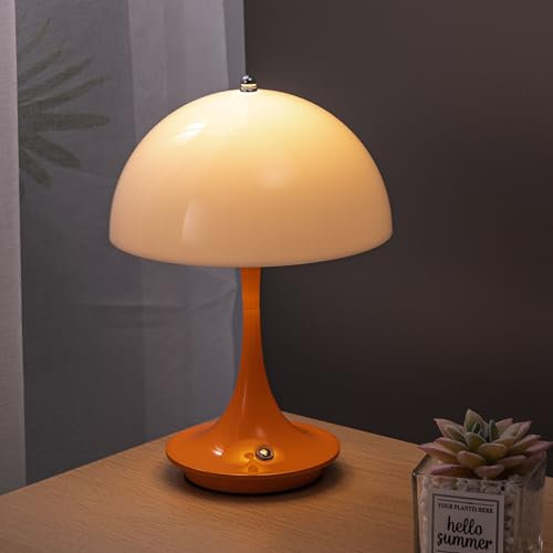 LED Tischlampe Kabellos Akku Pilz Lampe Tischleuchte USB Aufladbar mit Touch Dimmbare 3 Helligkeitsmodi Dekoratives Mushroom Lamp Acryl Lampenschirm Nachttischlampe für Bett Schreibtisch BüRo,Orange