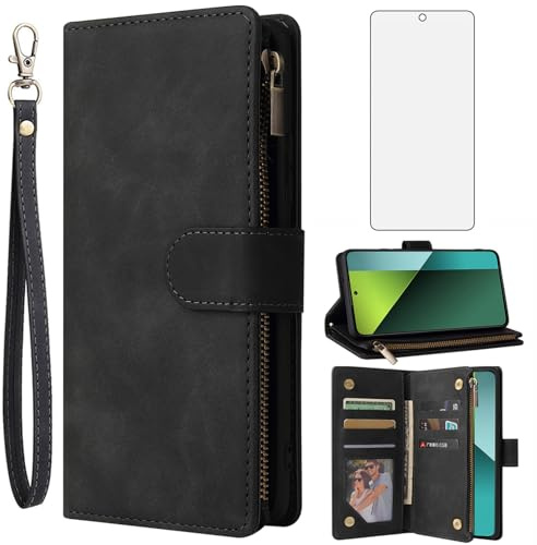 Asuwish Handyhülle für Xiaomi Redmi Note 13 Pro 5G/Poco X6 Hülle mit Folie Schutzfolie und Kartenfach Klappbar Leder Geldbörse Ständer 13Pro Pro5G 6X Cover Handy Hüllen Schutzhülle Phone Case Schwarz