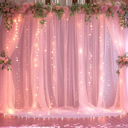 Rideau de Fond en Tulle Rose avec Guirlande Lumineuse pour fête prénatale, Anniversaire, Mariage, Cabine Photo, 6,1 x 3 m