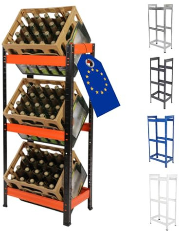 MODO24 Getränkekistenregal Helios Metall, Stabil, Kistenregal für 3 Kisten, Getränkeregal, Kistenständer, Freistehend, Kistenhalter, Kellerregal, Lagerregal, Abmessungen 107x50x30 cm, Schwarz-Orange
