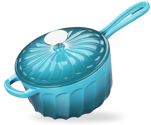 NSIRONS Enameled Cast Iron Sauce Pan, 2 Quart Enameled Saucepan with Lid, Mini Dutch Oven Enamel Saucepan for Cooking Pasta Sauce, Gravy, Puddings, Marinate, Boiling (Blue Green)