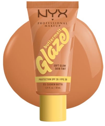 NYX Professional Makeup - Fond de Teint Hydratant SPF30 - Tenue Longue Durée Jusqu'à 12h - 93% d'Ingrédients Soin - Formule Vegan - Buttermelt Glaze Tint - Teinte : Cashew Butta - 30ml