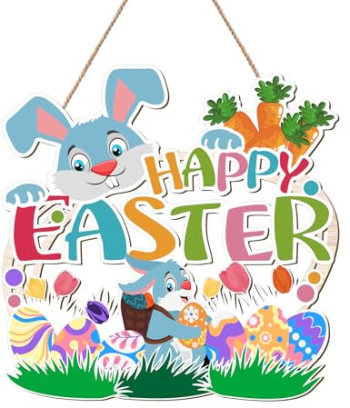 Holz Türschild ''Happy Easter“, Eier, Hase, Deko-Zubehör für die Haustür, Türschilder, Dekorationen, Holzschild für die Haustür, Willkommenskranz, hölzerner Osterkranz, Osterdekorationen für Zuhause