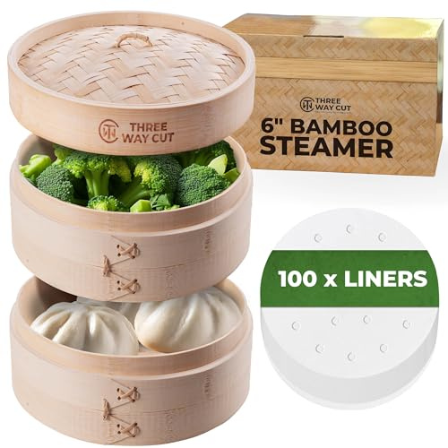 Three Way Cut 6 Bamboo 2-Tier Steamer With 100 Parchment Liners - Dumpling, Bao Bun & Dim Sum Steamer Basket
