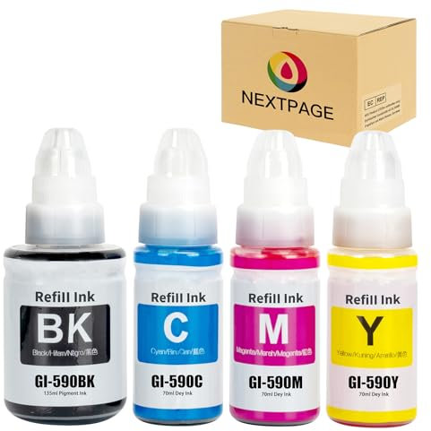 NEXTPAGE GI590 GI-590 Ink Compatible with Canon Pixma GI 590 Ink Bottle for Pixma G1500 G1501 G1510 G2500 G2501 G2510 G3500 G3501 G3510 G4500 G4510 G4511 Printer Black Cyan Magenta Yellow (4 Pack)