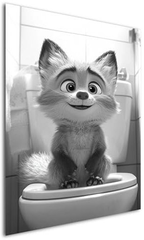 DRO Design Fuchs – 50x70 cm – Lustiges Schwarz-Weiß Wandbild für WC & Badezimmer – Humorvolle Baby-Tier Kunst für Gäste-WC - Moderne Wandkunst mit Humor, Wanddeko für Toilette