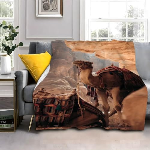 Kamel Drucken Kuscheldecke 70x100cm Gobi Wohndecke Flauschige Warm Weiche Schmusedecke Sofadecke Jungen Mädchen für Wohnzimmer, Schlafzimmer, Camping, Picknick