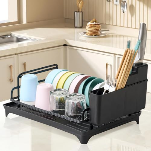 buybyroom Egoutoire Vaisselle Cuisine, Égouttoir à Vaisselle, Grande Capacité Égouttoir Vaisselle sur Evier INOX, Égouttoirs Noir avec Bac d'Égouttement Amovible