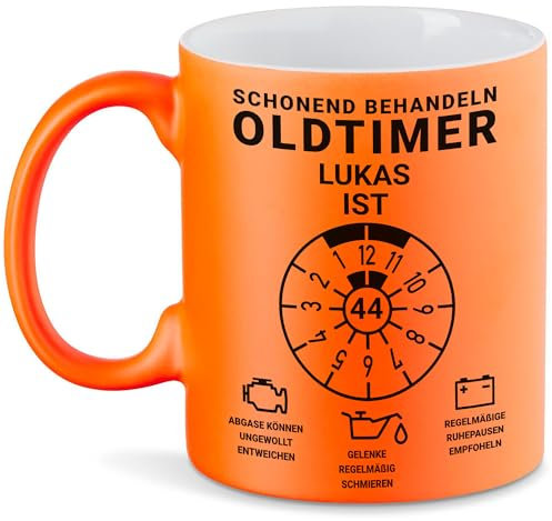 Kiddle-Design Personalisierte Tasse 44. Geburtstag, Schonend behandeln Oldtimer ist 44, 44ter Geburtstag Lustiges Geschenk Mann Frau, Tasse Neon-Orange