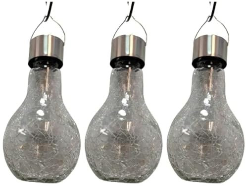Lot de 3 ampoules solaires à suspendre en verre craquelé - Lanterne décorative d'extérieur à LED étanche - Avec poignée en métal - Marche/arrêt automatique - Pour terrasse, cour, fête