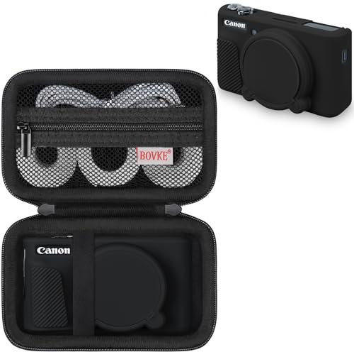 BOVKE Hard Case + Silicone Cover for Canon PowerShot SX740 SX730 Digital Camera, Shockproof EVA Storage Bag with Soft Silicone Protective Case, Removable Lens Cover, Wrist Strap, Black