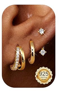 Finrezio Doppel Creolen 925 Silber und 14K Vergoldete Ohrringe - Hypoallergen für Mehrere Piercings - Gold/Silber