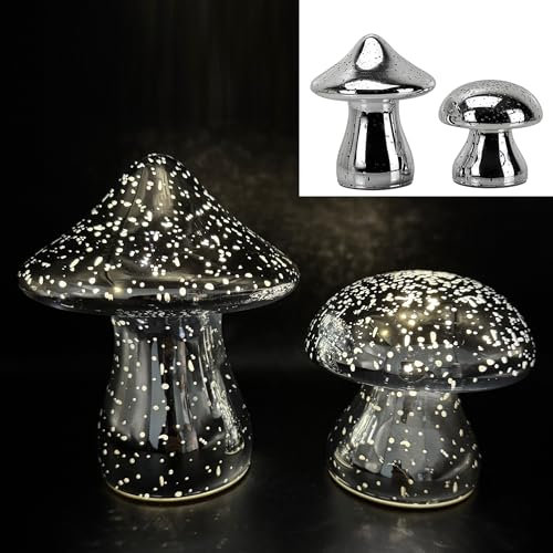 2 Pilze aus Glas mit LED-Lichterkette und Timerfunktion - Dauerleuchten oder Funkeleffekt wählbar - als Deko für Garten, Terrasse, Balkon oder im Wohnbereich - Sommer, Herbst