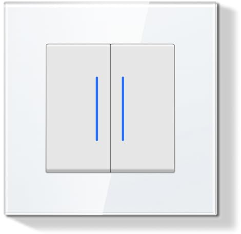 BSEEDLIFE Interruptor Pared Doble,Interruptor de Pared con Marco de Cristal con LED Indicador,2 Gang 1 Vía Fácil Instalación Diseño de Gancho de Garra,86 * 86mm Blanco